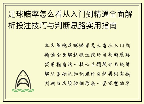 足球赔率怎么看从入门到精通全面解析投注技巧与判断思路实用指南 足球赔率怎么看从入门到精通全面解析投注技巧与判断思路实用指南